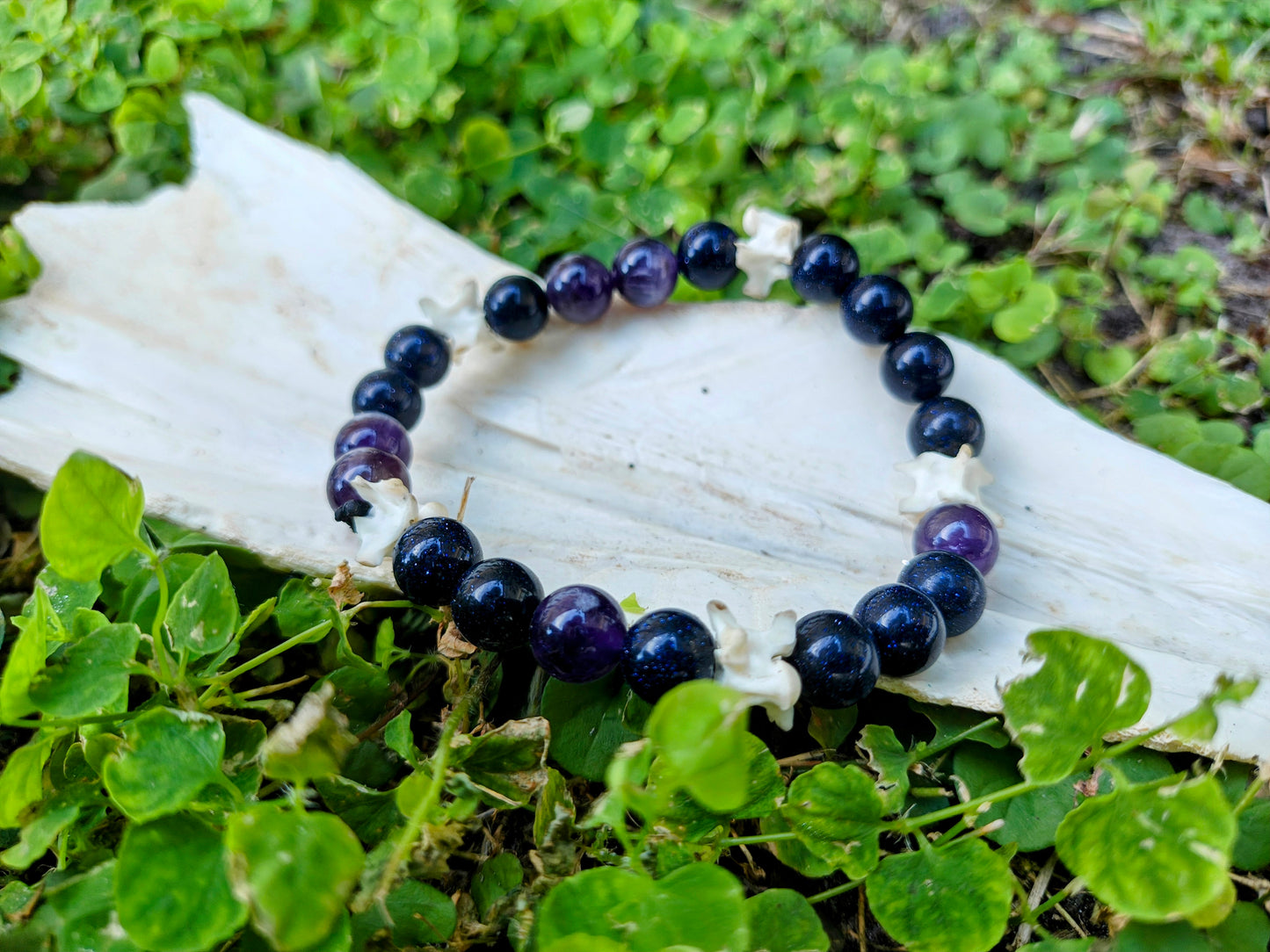 Celestial Serpent: Black Goldstone, Amethyst & Bone Bracelet