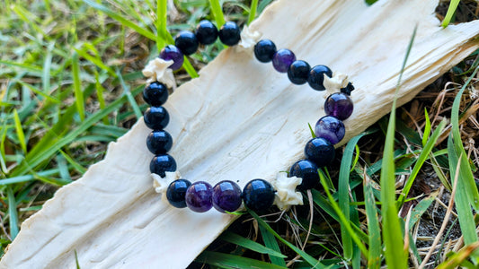 Celestial Serpent: Black Goldstone, Amethyst & Bone Bracelet