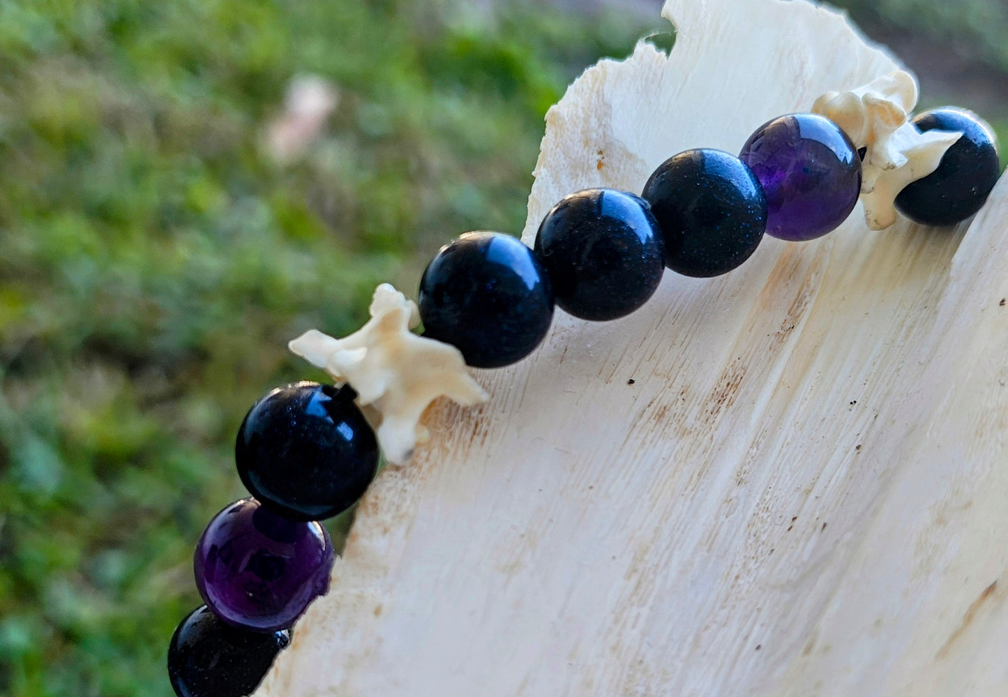 Celestial Serpent: Black Goldstone, Amethyst & Bone Bracelet