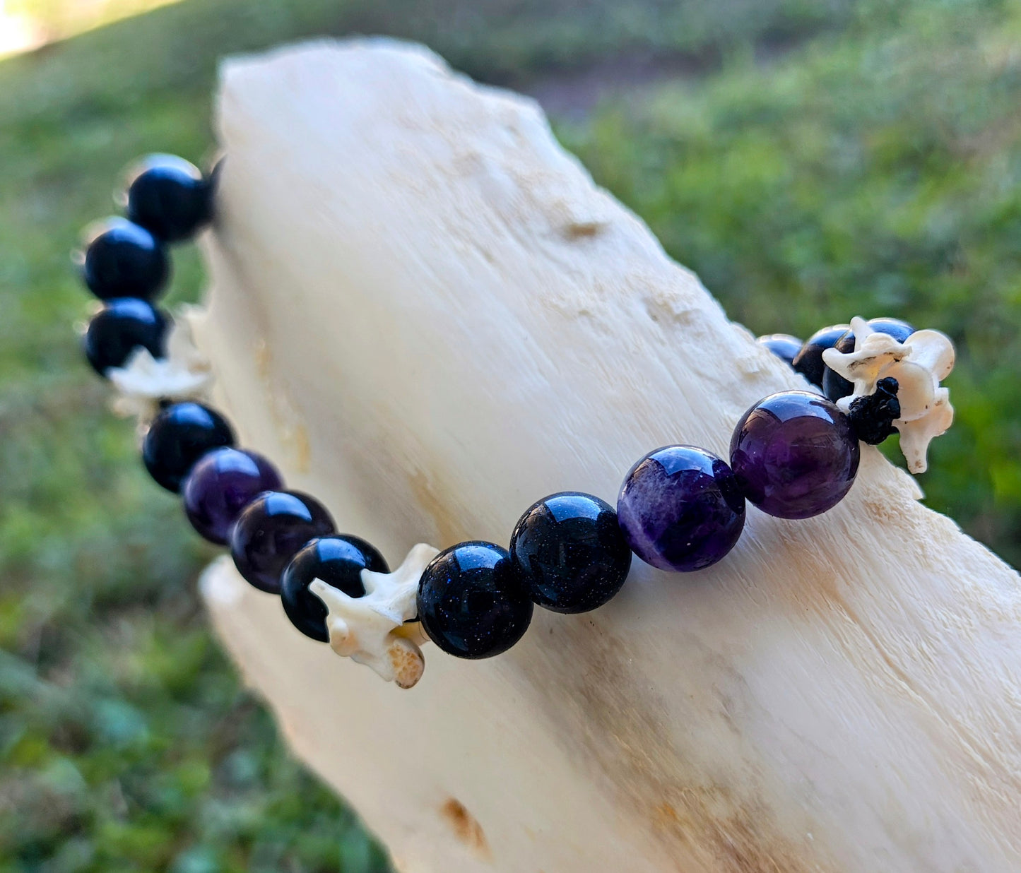 Celestial Serpent: Black Goldstone, Amethyst & Bone Bracelet