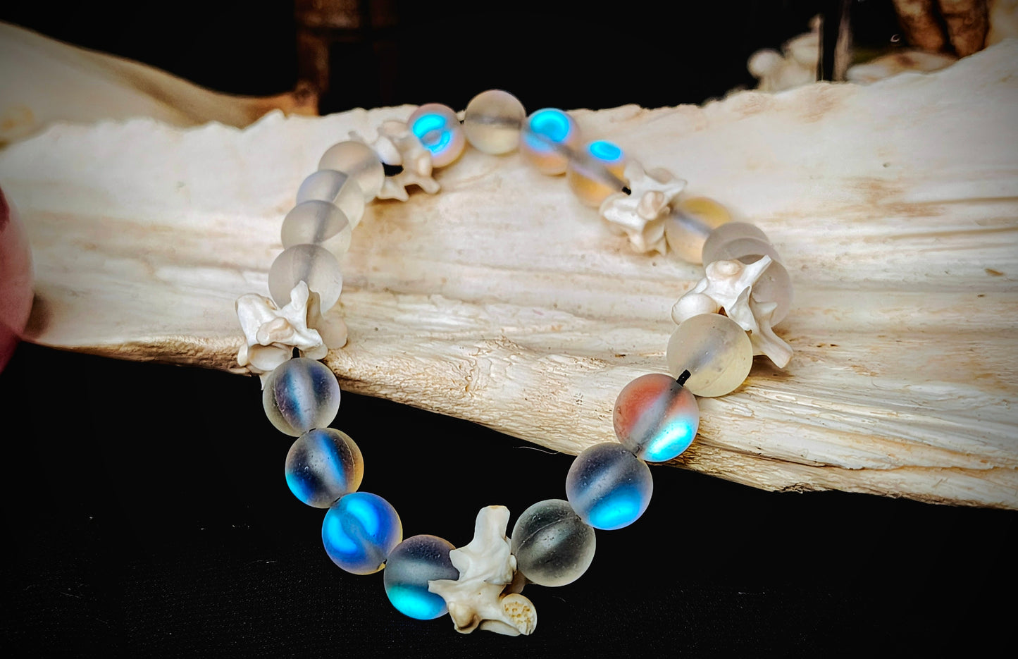 Astral Glow: Glass Bead & Bone Bracelet