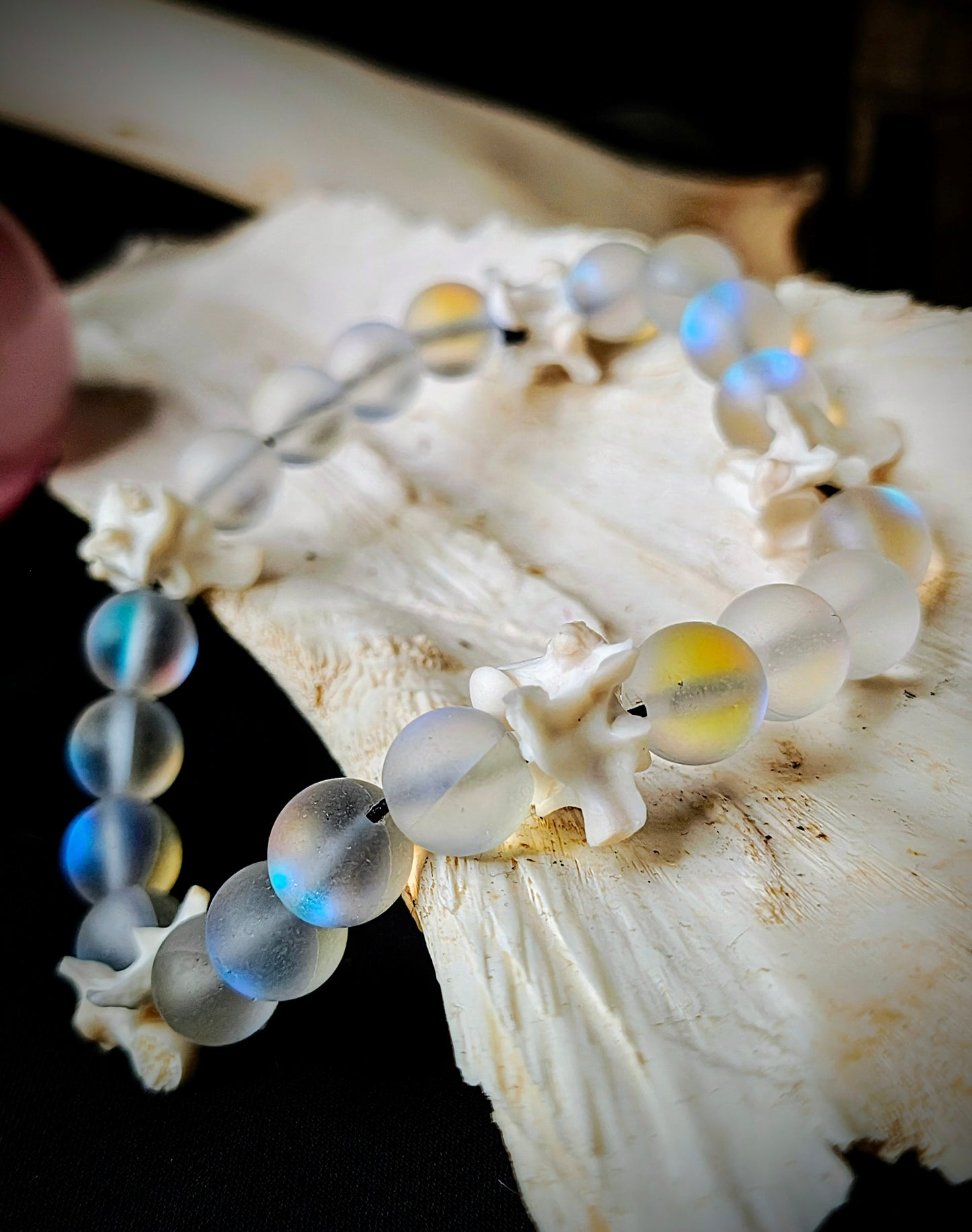 Astral Glow: Glass Bead & Bone Bracelet