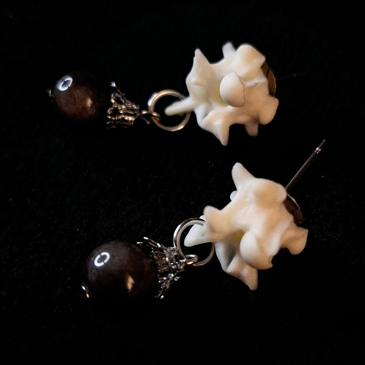 Silver Obsidian Boa Constrictor Vertebrae Post Drop Earrings