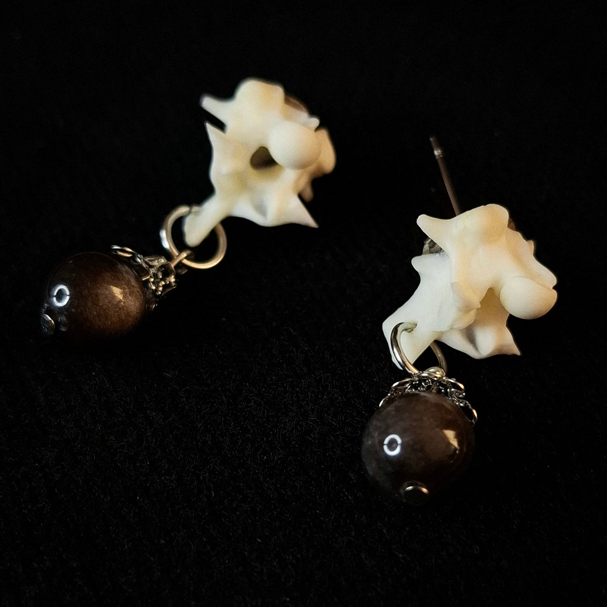 Silver Obsidian Boa Constrictor Vertebrae Post Drop Earrings