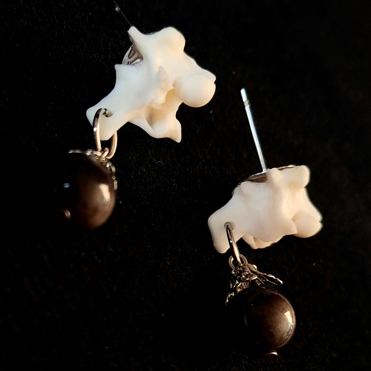 Silver Obsidian Boa Constrictor Vertebrae Post Drop Earrings